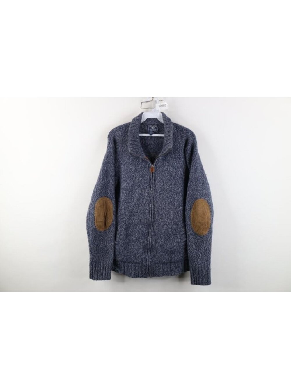 Vintage Lucky Brand Mens Medium Wool Blend Knit Elbow Patch Zip Cardigan Sweater